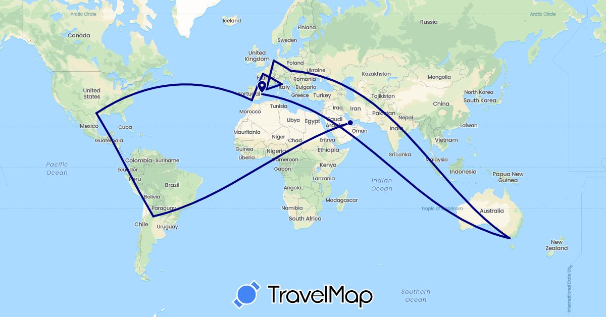 TravelMap itinerary: driving in Argentina, Australia, Czech Republic, Germany, Spain, France, Italy, Netherlands, Qatar, United States (Asia, Europe, North America, Oceania, South America)